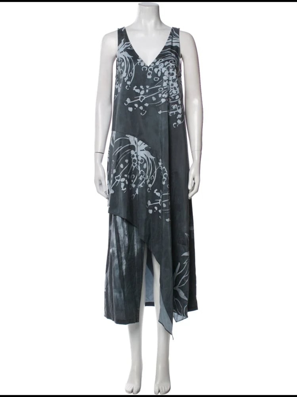 SUNO Blue Gray Floral Asymmetric V-Neck Dress